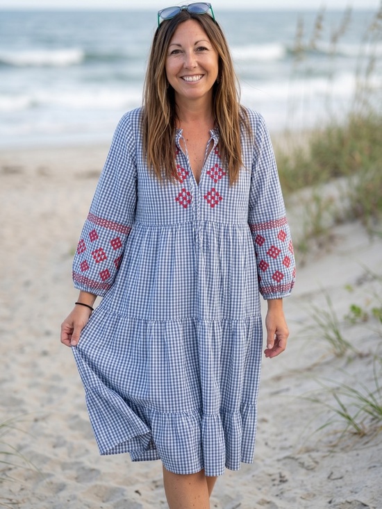 Tuckernuck Dresses & Skirts - Tuckernuck Blue and White Gingham Dress with Red Embroidered Accents